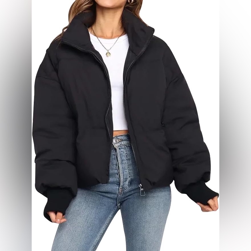 Black Womens Puffer Coat Cropped Short Warm Quilted Jacket Size M